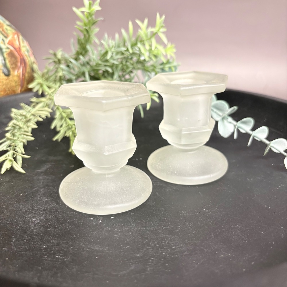 Vintage Frosted Glass Candle Holders | Set of 2 Taper Stands | Small Pair‎ |